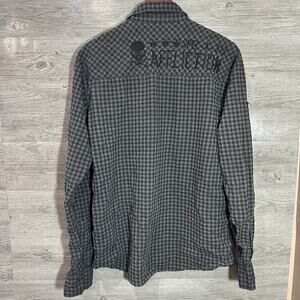 Affliction Black Premium Shirt Sz XL Embroidered Skull, Cross Buttons, Checkered